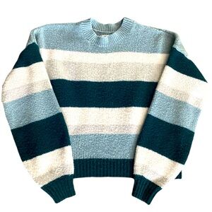 Hollister Long Sleeve Crew Neck Pullover green white gray stripe sweater XS